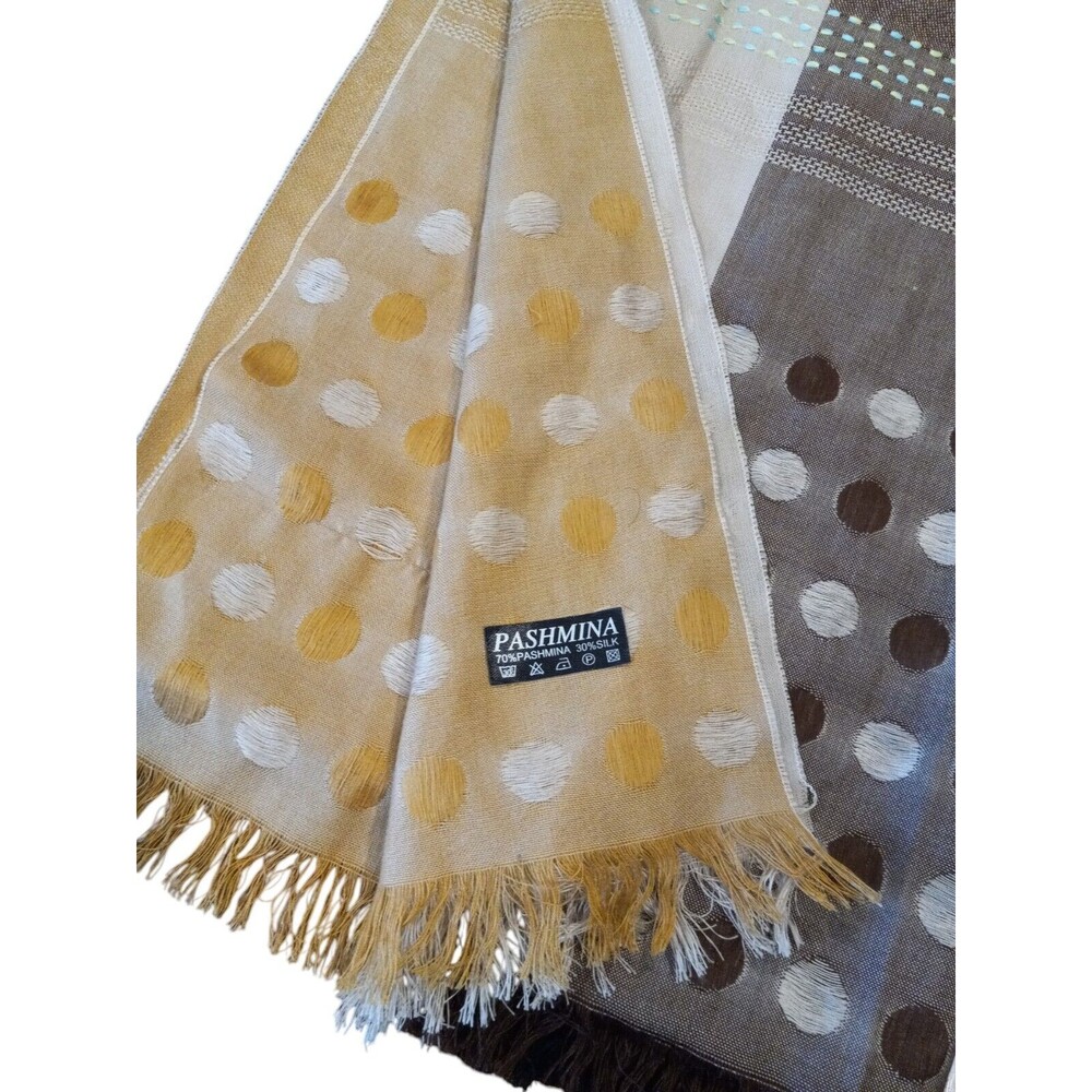 Pashmina Polka Dot Beige Black Turquoise Scarf Wrap Tassled Silk 78inX26in